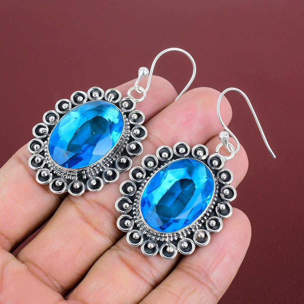 Faceted Swiss Blue Topaz Earring 925 Sterling Silver Earring Decent Jewelry Real Gemstone Earrings Swiss Blue Topaz Jewelry Handmade Earring