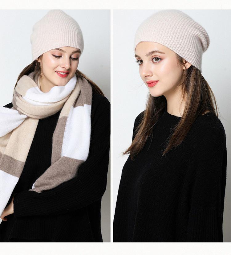 Women's 100% Pure Cashmere Korean Style Striped Hat - Hand-Knitted, Warm, Brimless Dome for Autumn & Winter