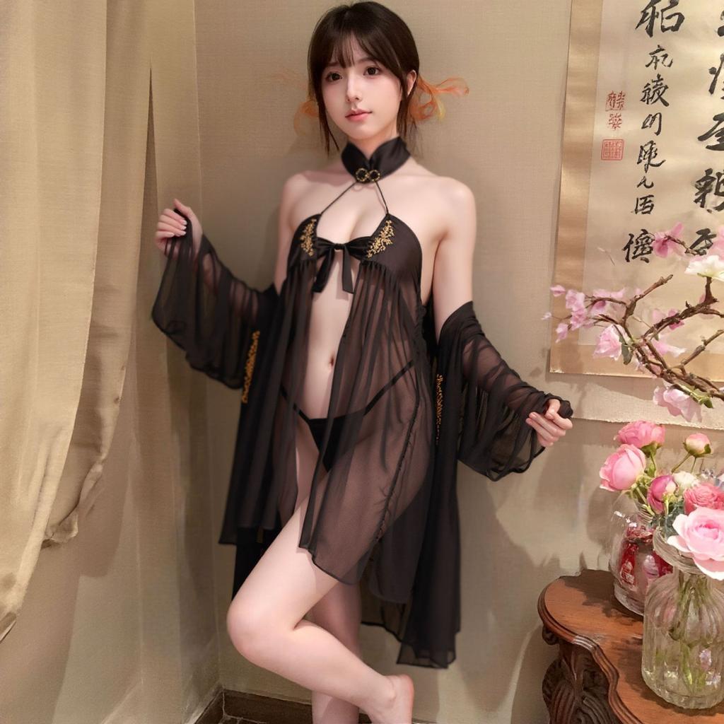 Sex uniform temptation sexy belly pocket antique Hanfu perspective bridal clothing free large size qq set