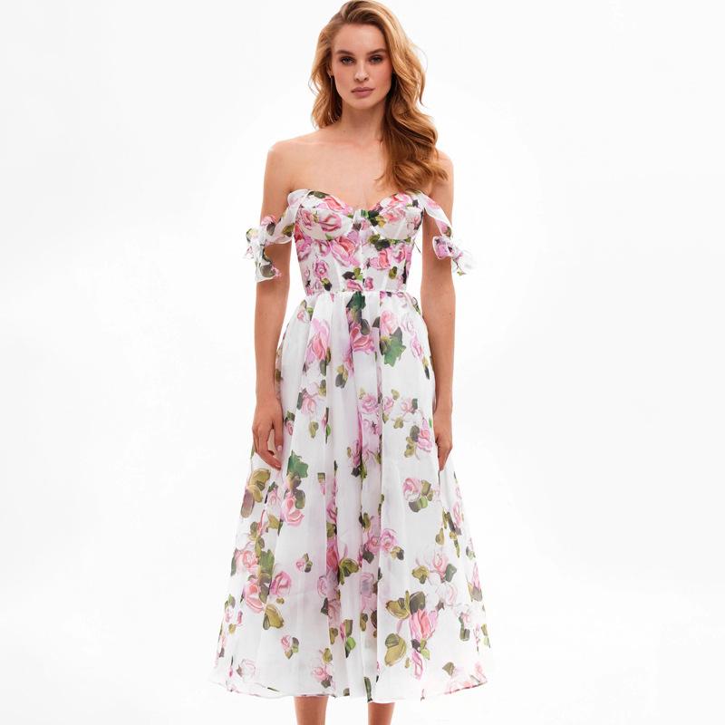 Elegant Print Swing Midi Dress with Shoulder Straps - Women's Banquet Attire
