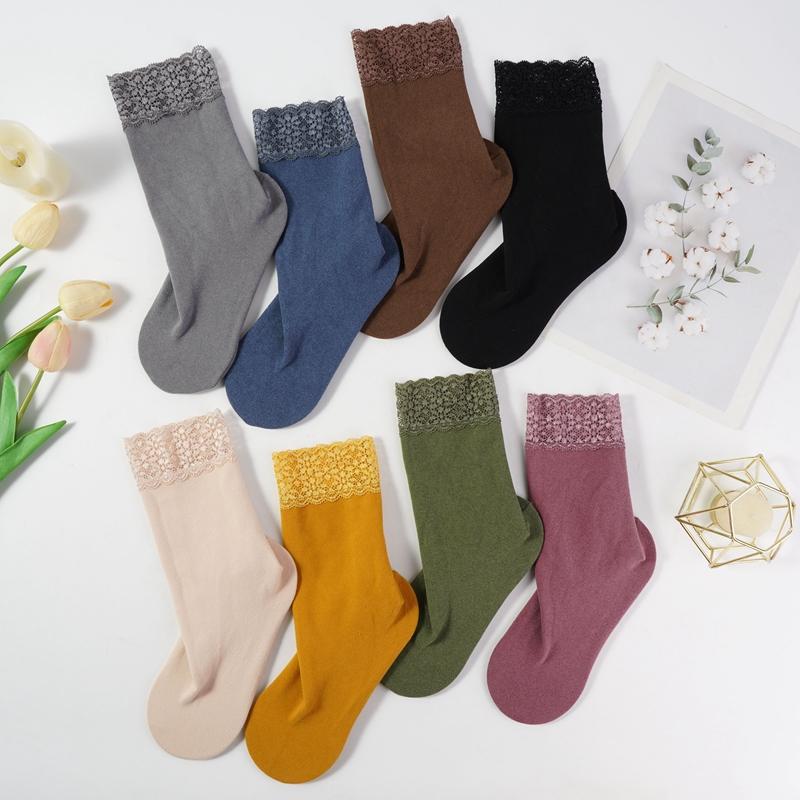 Meias femininas de veludo espessadas, meias de cano médio com borda de renda, lote de meias de veludo para inverno, meias quentes e à prova de frio