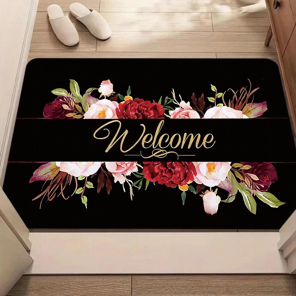Blooming Welcome Rug Floral Design Non Slip Floor Mat Washable for Entry Living Room Bedroom Indoor Outdoor Kitchen Carpet
