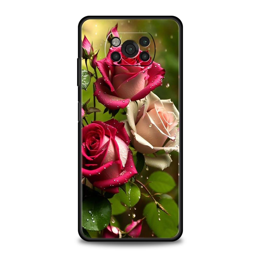 Phone Case For Xiaomi Poco X6 X5 X4 Pro 5G X3 NFC F5 F4 M5 M4 M3 F3 GT C51 C50 C55 Soft Black Cover Beautiful Red Rose Flowers