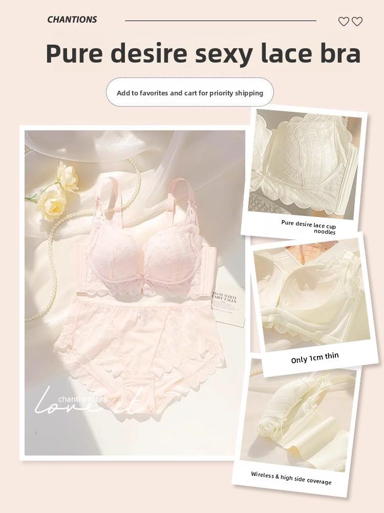 Coquette Lace Petal Soft Support Wireless Bra, Push Up Anti-Sag Side Gathering Small Bust Women Bra