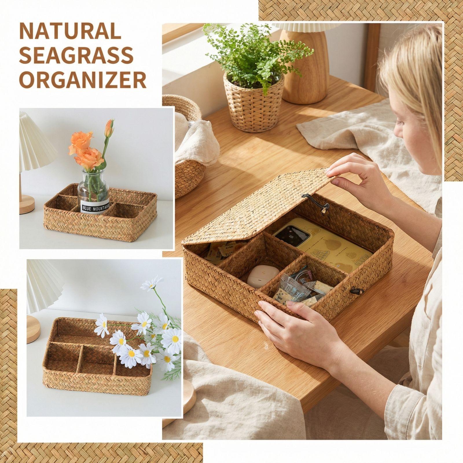 Covered Storage Box, Desktop Miscellaneous Storage Basket, Woven Rattan, Cosmetics, Snacks Storage Basket One Size