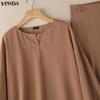 VONDA Elegant Women Outfits Puff Sleeve Blouse and Zip-up Trousers Casual Two Piece  Sets