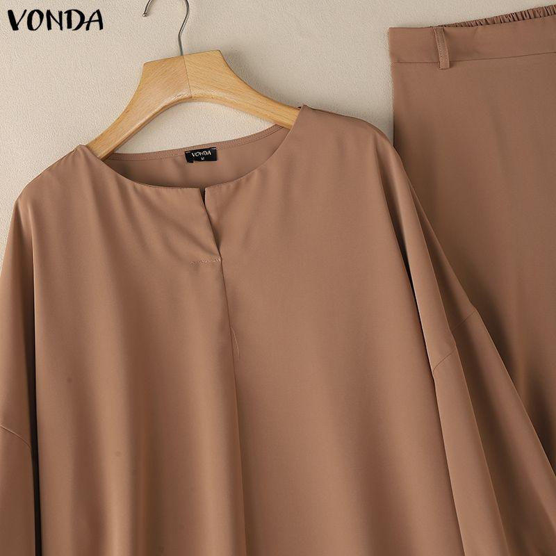 VONDA Elegant Women Outfits Puff Sleeve Blouse and Zip-up Trousers Casual Two Piece  Sets