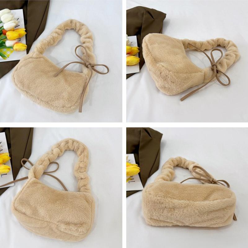 Winter Soft Plush Women Shoulder Underarm Bags Simple Solid Color Ladies Pleated Strap Handbags Portable Female Phe Bag Purse