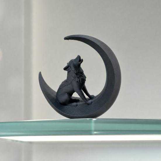 3D Printed Howling Wolf Statue, Wolf On Moon Figurine, Black Wolf Sculpture for Home Office Study Room Desktop Decor
