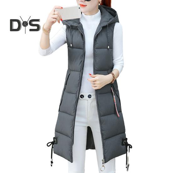 Fall Winter Cotton Vest Coat Mid Length Thickened Padded Sleeveless Zip Up Zipper Closure Drawstring Hooded Windproof Heat Retention Lady Waistcoat