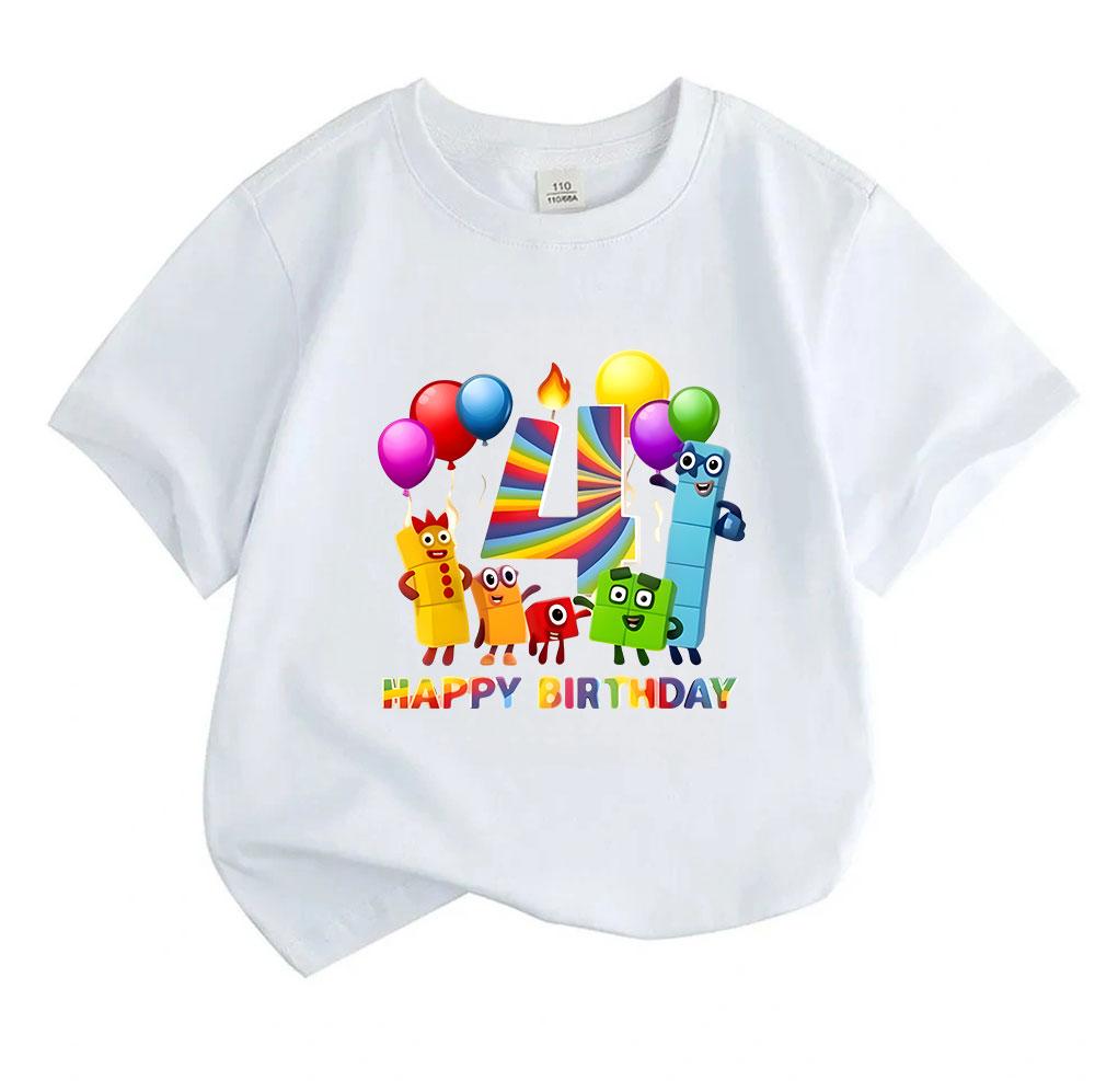 Kids Boys Girls 100% Cotton Crew Neck Short Sleeve T-Shirt Happy 4th Birthday Colorful Number Blocks Cartoon Print Casual Soft Breathable Party Tee To