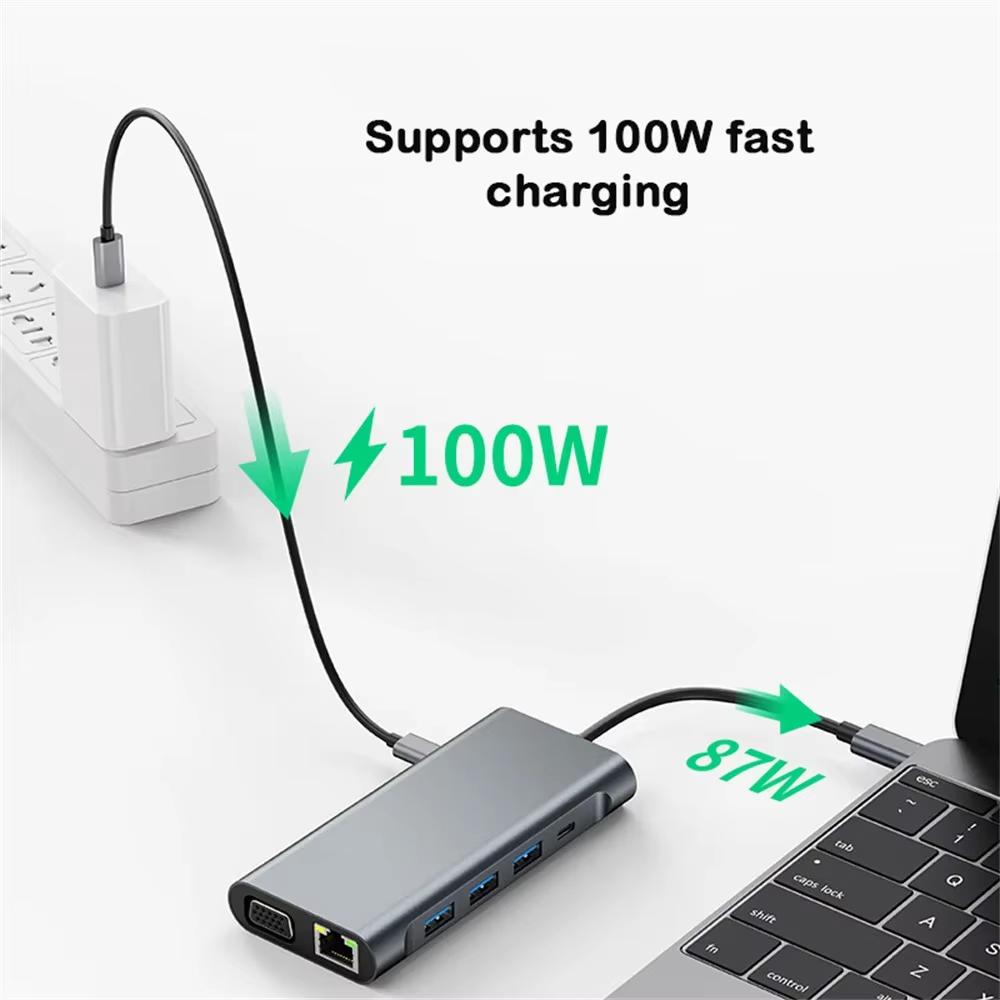 USB C HUB 4K 30Hz Tipo C a HDMI Adaptador USB 3,0 Compatible 11 En 1 Tipo C HUB Dock PD 87W USB C Divisor Para MacBook Pro Air