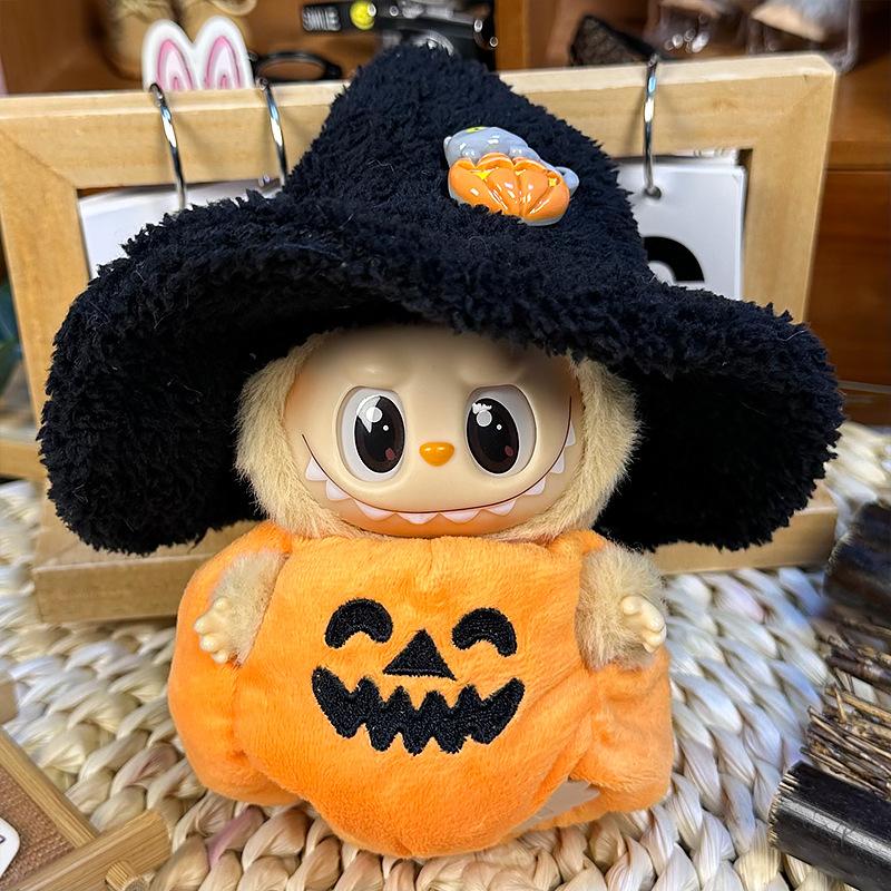 (clothes Only) For 17cm Labubu Doll Halloween Pumpkin Hoodie Set Idol Sitting Party Mini Plush Cute Decoration Costume