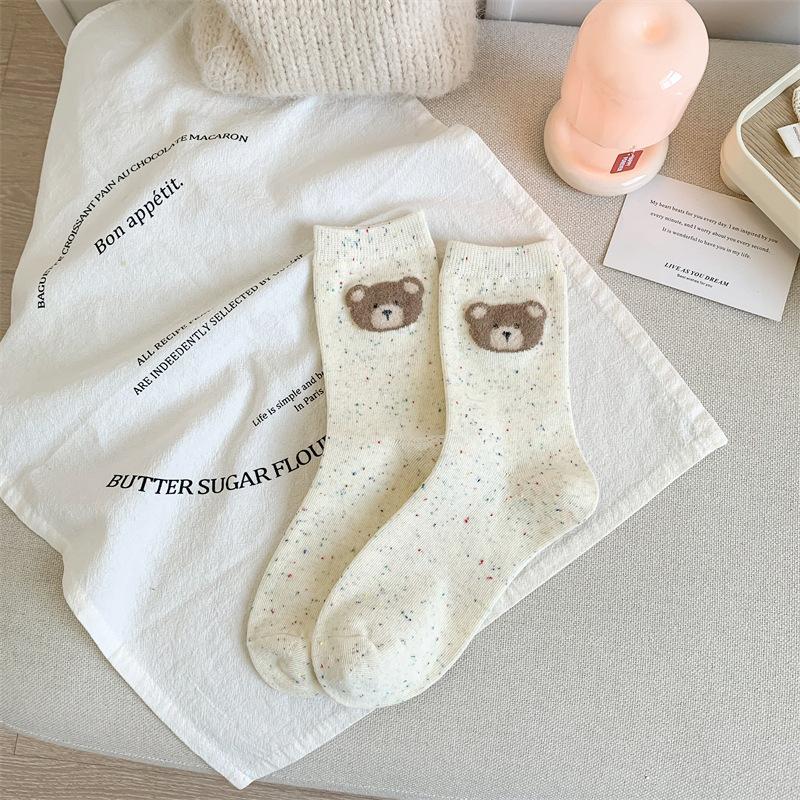 Women's Cute Bowknot Dot Tulle Socks - Mid-Calf, Korean Cartoon Bear, Japanese Color Dots