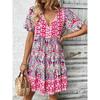 Plus Size Women Clothing Summer New European and American Fashion Print V-neck Lace-up Loose Belly Covering Short Sleeve Dress Midi Dress