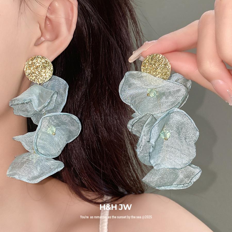 Silver Needle Pleated Round Chiffon Flower Fringed Earrings Seaside Vacation Style Temperament Earrings Niche High-end Earrings Women
