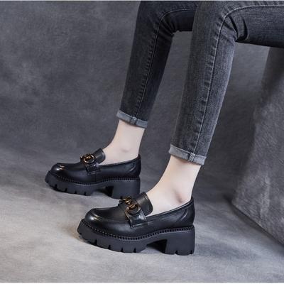 Lederschuhe Damen neue weichsohlige Damen kleine Lederschuhe Plateau Muffin dicker Absatz Frühling und Herbst Einzelschuhe