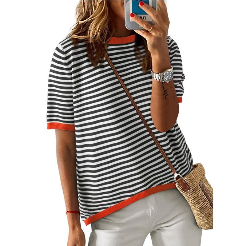 Women's Summer New Round Neck Striped Collision Colour Short Sleeve Casual Jumper