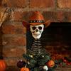 Halloween Tree Topper Gothic Skull with Cowboy Hat, Vintage Western High-end Home Decor Skeleton Ornament for Halloween, Spooky Christmas Top