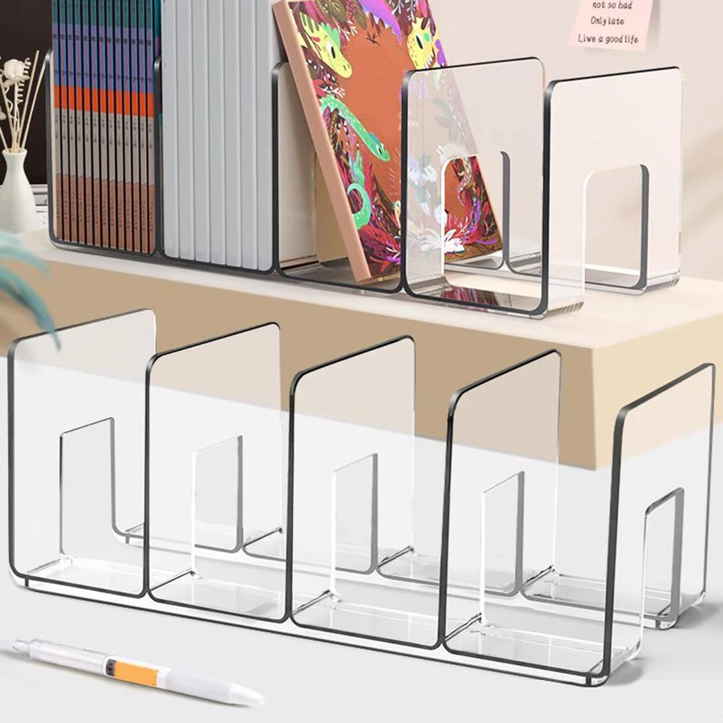 Acrylic Bookends for Shelf 4 Section Book End Magazine Stand Book Stoppers Space Saving Desk Book Magazine Organiser