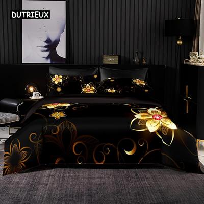 Bettbezug Texturiert Schwarz Gold Blumenmuster Bettwäsche Kissenbezüge Für Premium Schwarz Erwachsene Männer Frauen Geschenke Schlafzimmerdekoration