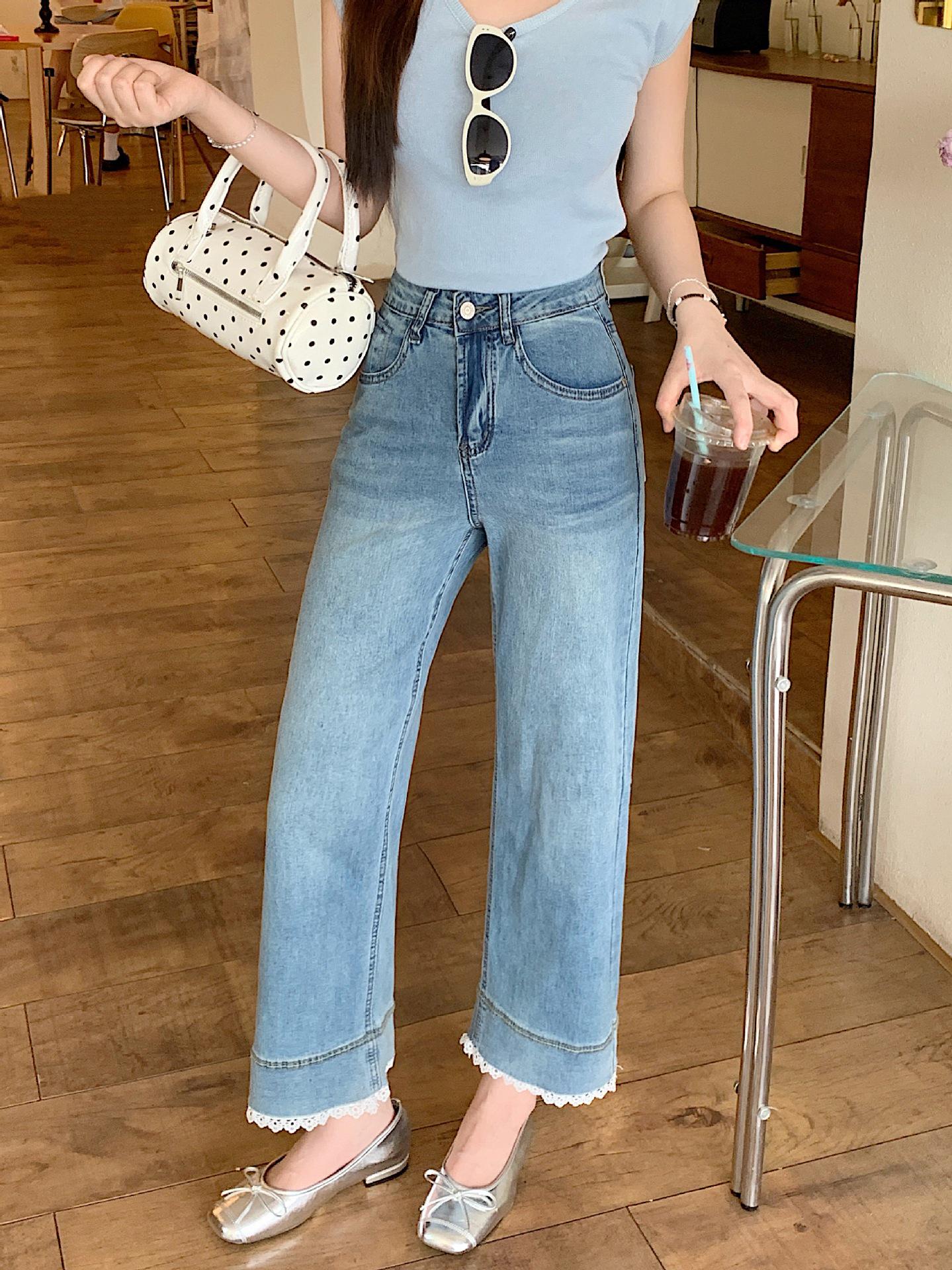 

2026 Summer Plus Size Women s Light Blue High Waist Cropped Straight Leg Jeans with Lace Trim Quadruple Extra Large светло-синий