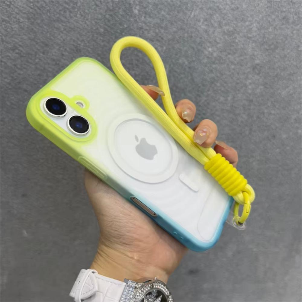 For Magsafe Magnetic Water Ripple Gradient Matte Translucent Phone Case with Wrist Strap For iPhone 16 Pro Max 15 14 13 12 Cover