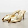 Papuci cu toc din piele lăcuită aurie pentru femei, Sandale glisante sexy cu degetul expus, Pantofi eleganți pentru petrecere de banchet Zapatos de Mujer