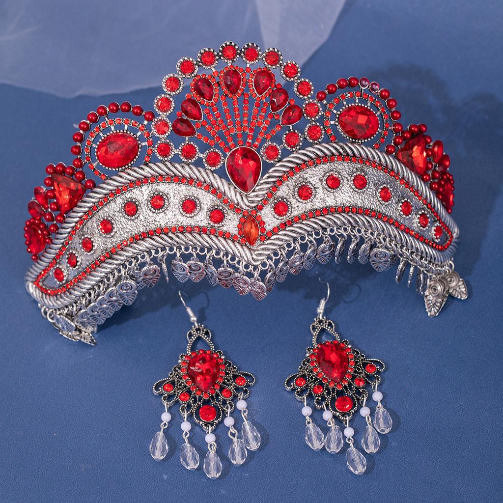 European and American Luxury Bridal Rhinestone Crown Tiara Light Luxury Exotic Tassel Photography Crown Earrings Set Studio Accessories