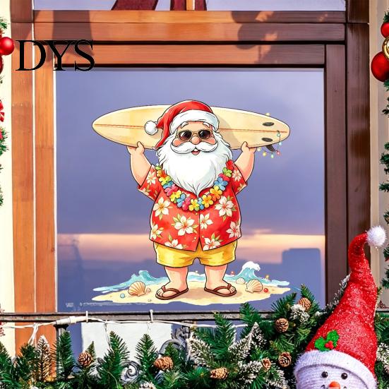 Tropical Santa Window Cling Claus Surf Static Sticker, Christmas PVC Decal, Waterproof Seasonal Decoration Easy Apply Sticker for Glass Doors