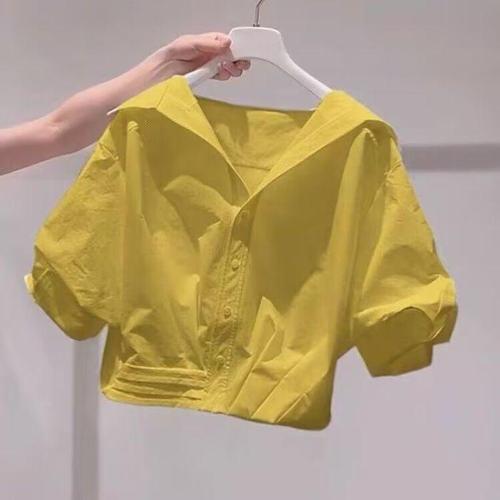 

Huge good-looking raspberry powder lapel bubble sleeve shirt women s summer explosion ins wind loose dopamine short shirt 3XL жовтий