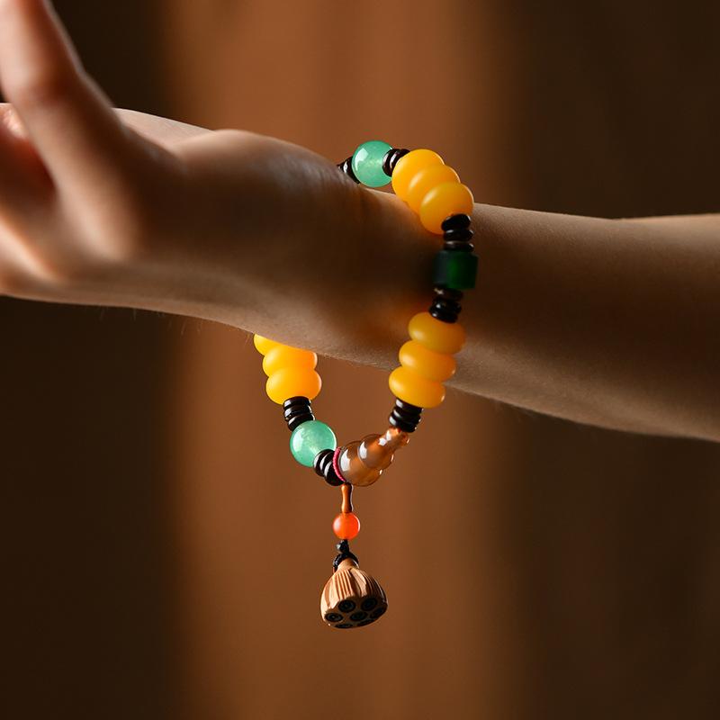 Vintage Bohemian Beeswax Bracelet, Chicken Oil Yellow Single Circle Turquoise Multi Treasure Bracelet Pendant, Temperament Accessory for Women