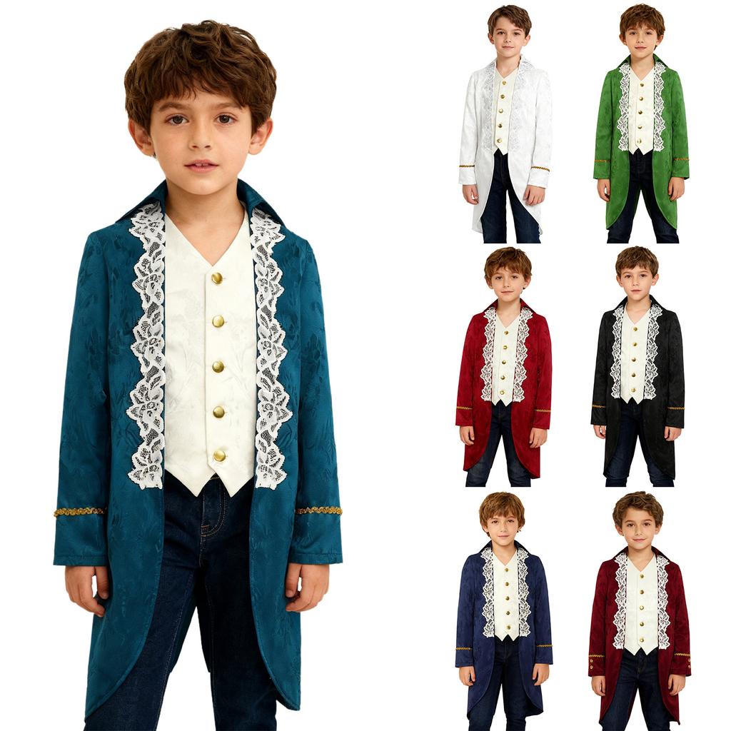 Bambino Halloween Giacca Vittoriana Stile Rinascimentale Collo a Revers Maniche Lunghe Finto 2 in 1 Ricamo in Pizzo Frac Costume