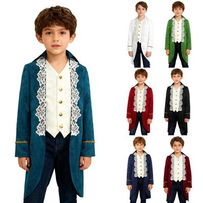 Boys Halloween Victorian Jacket Renaissance Style Turn-Down Collar Long Sleeves Fake 2 In 1 Lace Embroidery Tailcoat Costume