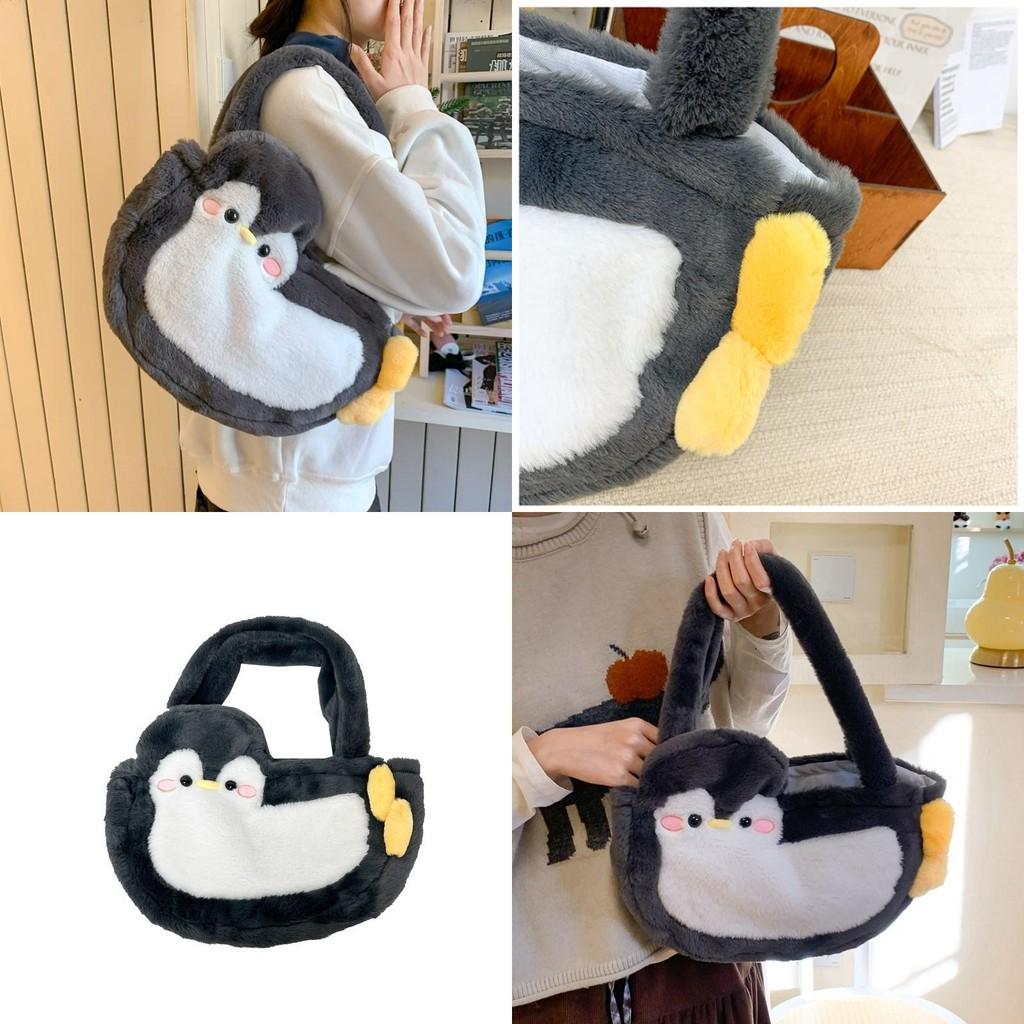 Soft Faux Fur Penguin Shoulder Bag With Magic Tape Closure For Casual Outings