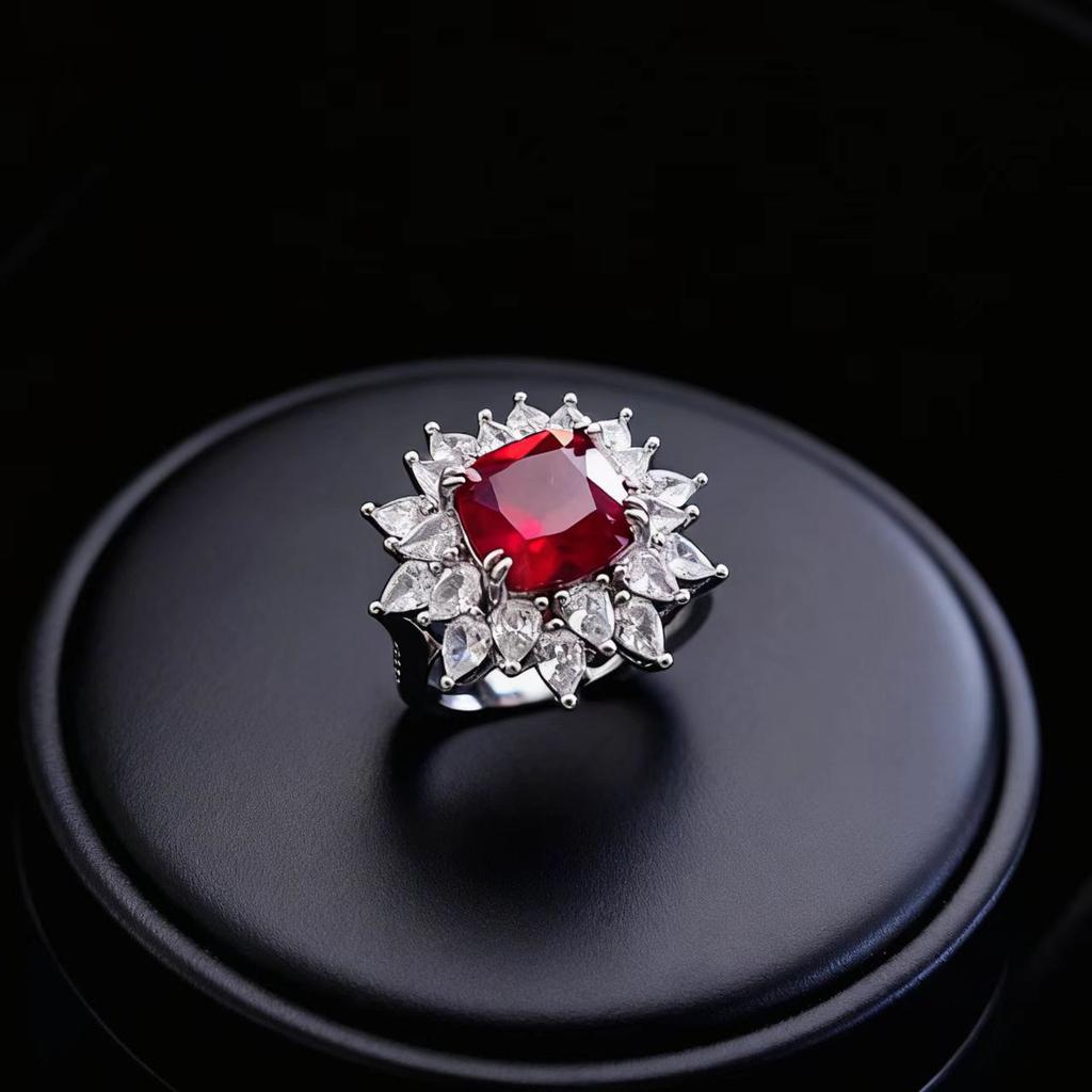 Jewelry Imitation Fat Square Emerald Ruby Ring Female Heavy Industry Luxury Set High Carbon Diamond Flower Ring