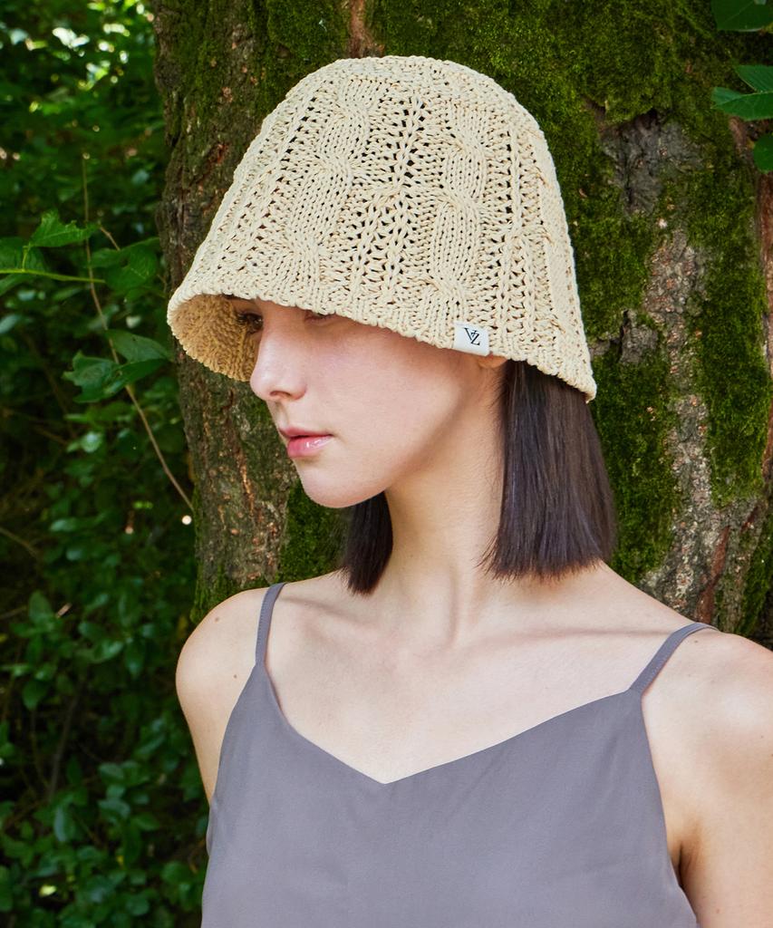 Bajal Vz Label Cable Knit Bucket Hat Beige