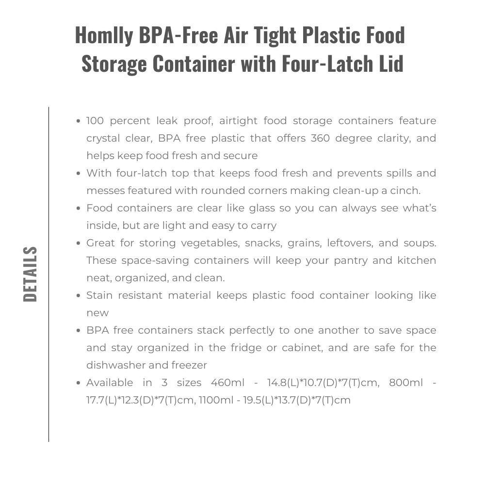 HOMLLY BPA-Free Air Tight Plastic Food Storage Container with Four-Latch Lid for Lunch, Meal Prep and Leftovers  ( X3 PCS)