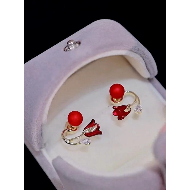 New Red Earrings for Women Tulip Earrings Japanese and Korean Light Luxury Flower Back-hanging Earrings