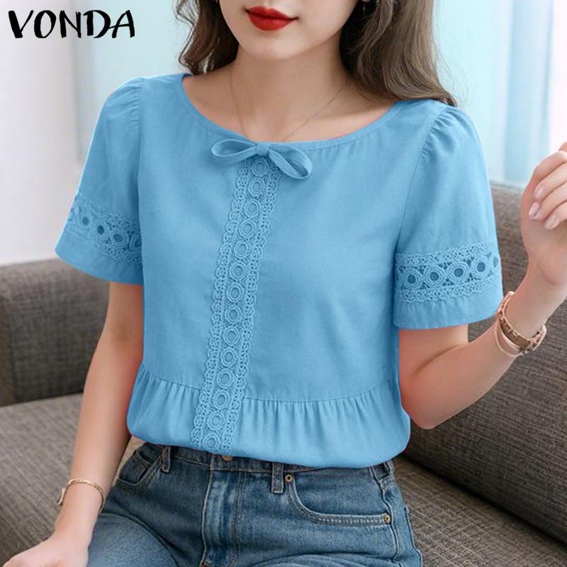 

VONDA Women Short Sleeve Blouse Casual Lace Crochet Hem Hollow Tops M синий