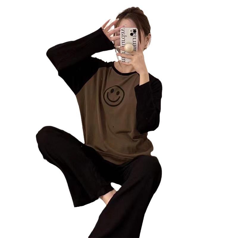 Korean Smiley Face Long-Sleeve Pajama Set: Minimalist Women's Spring & Autumn Two-Piece Homewear