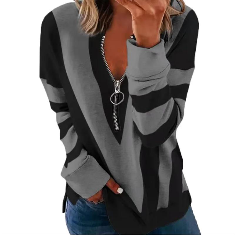 

Autumn Winter Blouse Shirts Women Zipper V-Neck Striped Shirts Loose Long Sleeve Tops Fashion Female Tee Street Clothes S