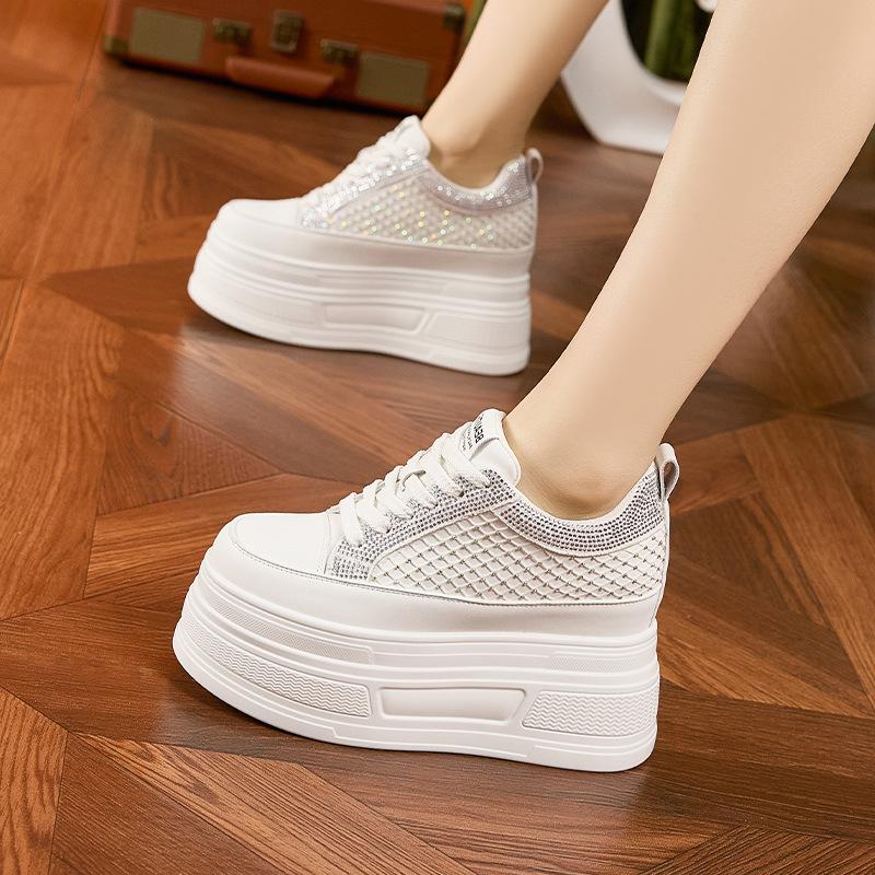 Platform White Shoes Women's Spring and Summer 2025 New Rhinestone Fashion Versatile Casual Shoes Small Inner Height Increase Women's Shoes