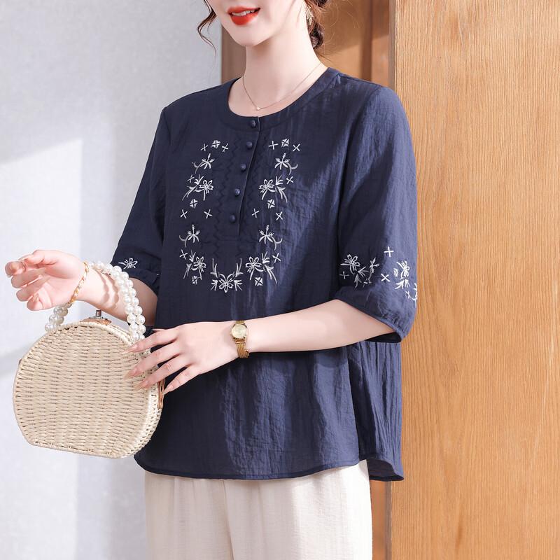 Women s Summer Cotton Linen Short Sleeve Blouse 3XL темно-синий