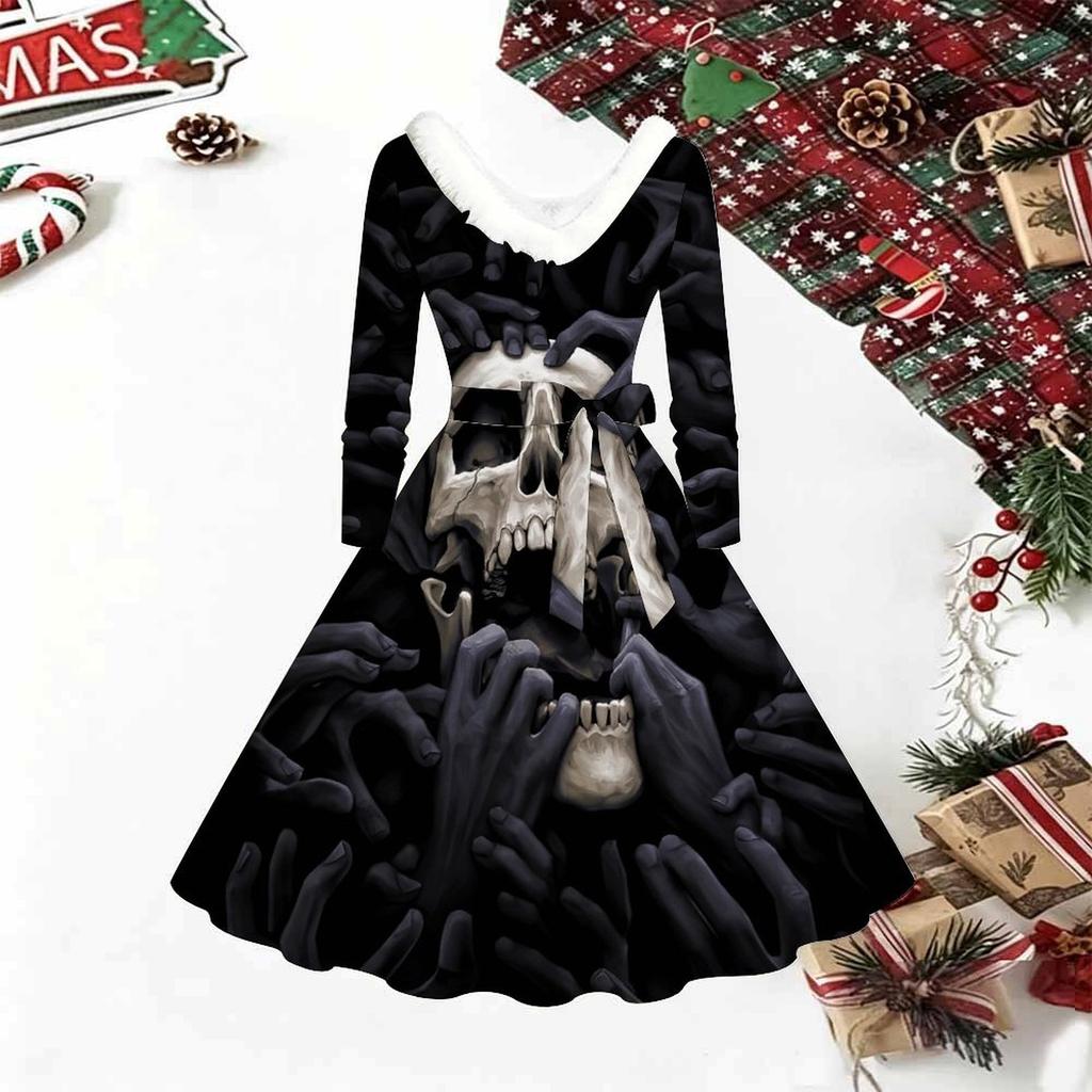 Women Halloween Skeleton Print Midi Dress, Long Sleeve V‑Neck Furry Trim A‑Line Party Dress, Christmas Limited Edition