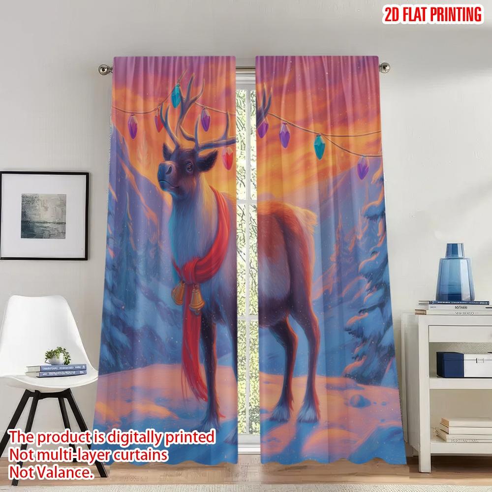 

Set Of 2 Flat Printing Popular Christmas Curtains Reindeer Winter Landscape Digital Printed Polyester Drapes Party Curtain Made W100*H70(CM)-Hooks&2PCS