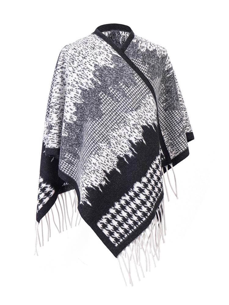 Winter Scarf Women Layers Poncho Elegant Wool Houndstooth Print Tassel Wraps Shawl Scarve Capa Para Pashmina Cloak High Quality