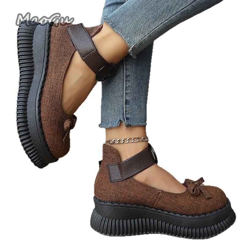 Fashion Thick Sole Shallow Mouth Single Shoes 2025 Autumn New Women's Butterfly Bow Design Round Toed Retro Loafers Fashion Chunky Pumps