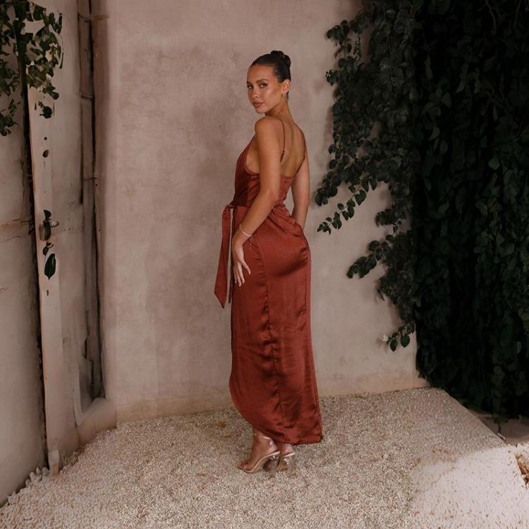 Elegant High Waist Backless Spaghetti Strap V Neck Ankle Length Solid Dress for Women with Design Sense