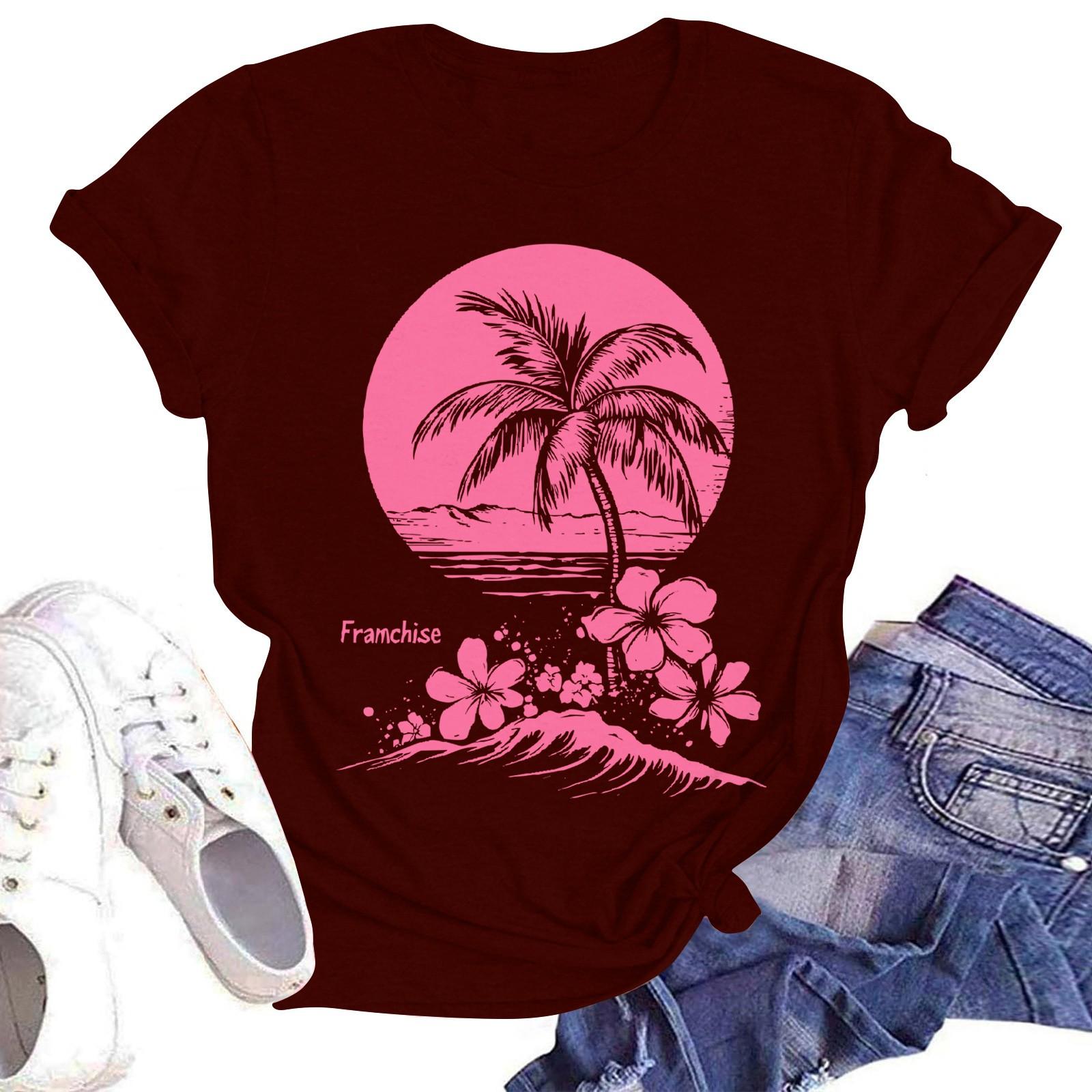 

Женская повседневная модная уличная футболка с коротким рукавом и гавайским принтом XXL винный